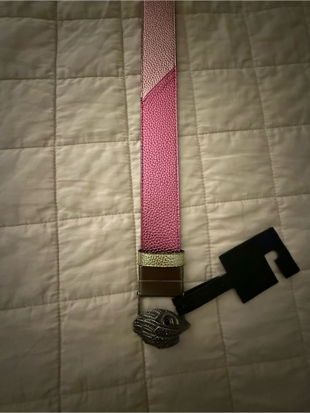Kurt Geiger Pink and Gold Accent Leather Belt with Ornate Silver Buckle